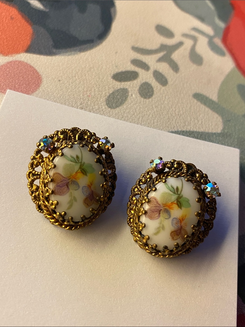 Vintage West Germany Floral Porcelain Clip-On Earrings in Gold